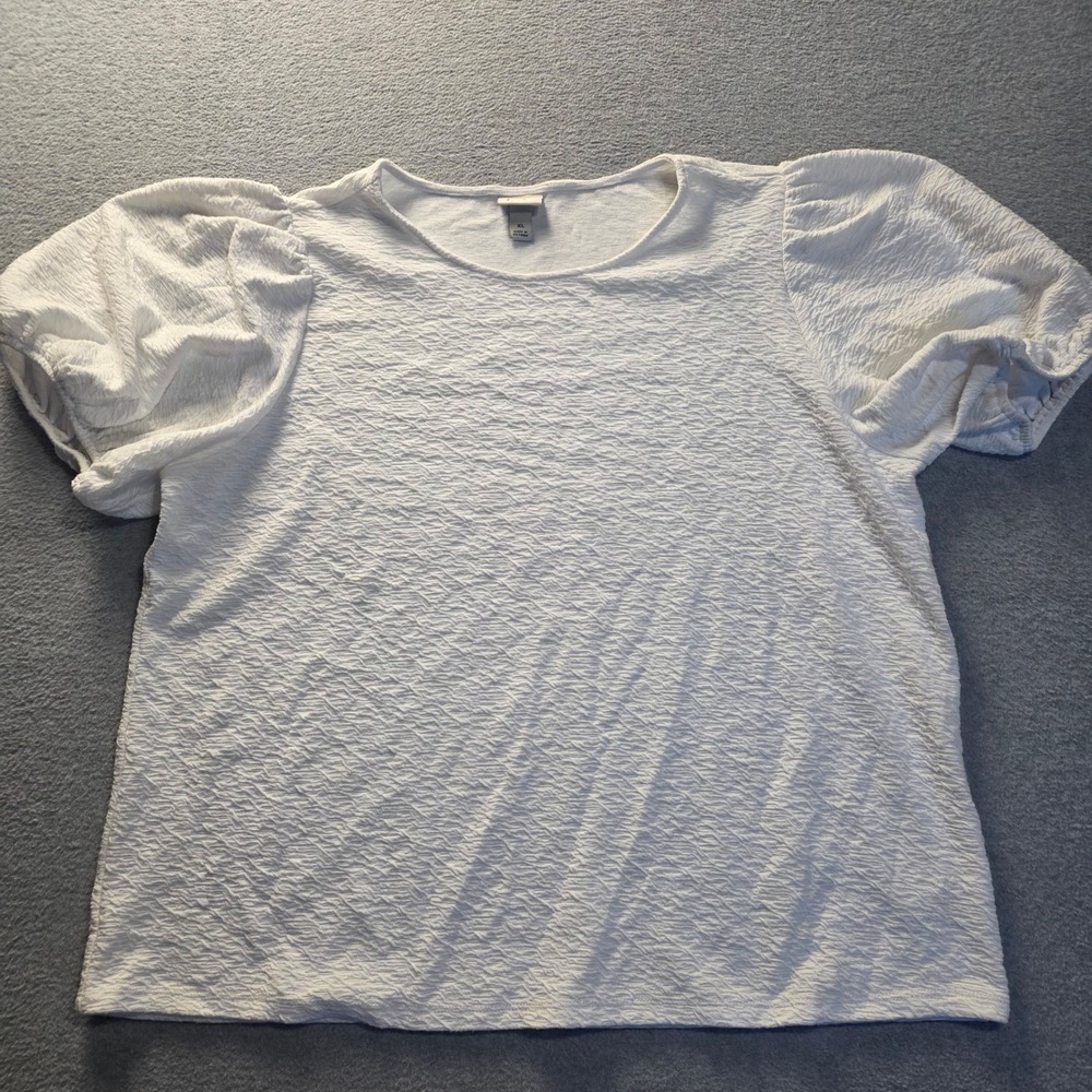 A New Day Crew Neck Blouse Top Womens XL White Textured Puff Sleeve Casual